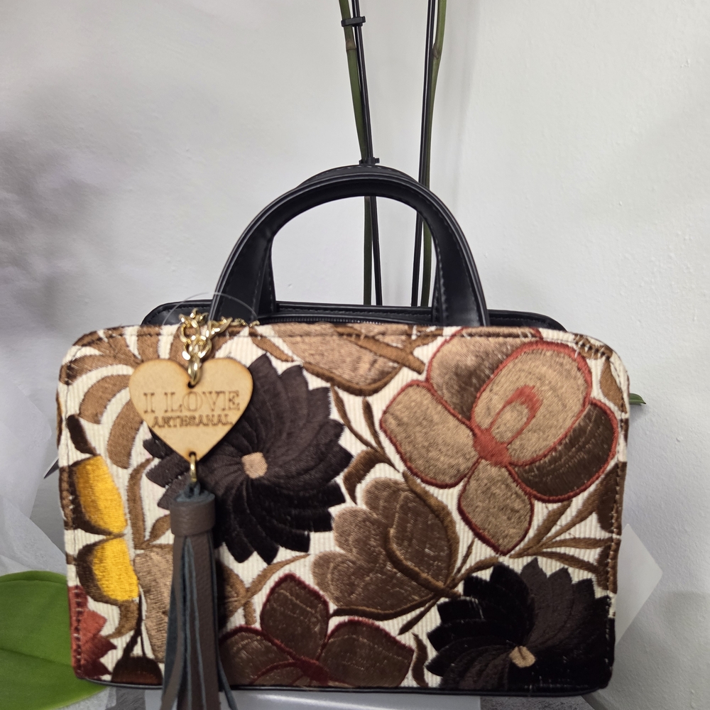 Floral Embroidered Satchel Bag - Brown & Cream